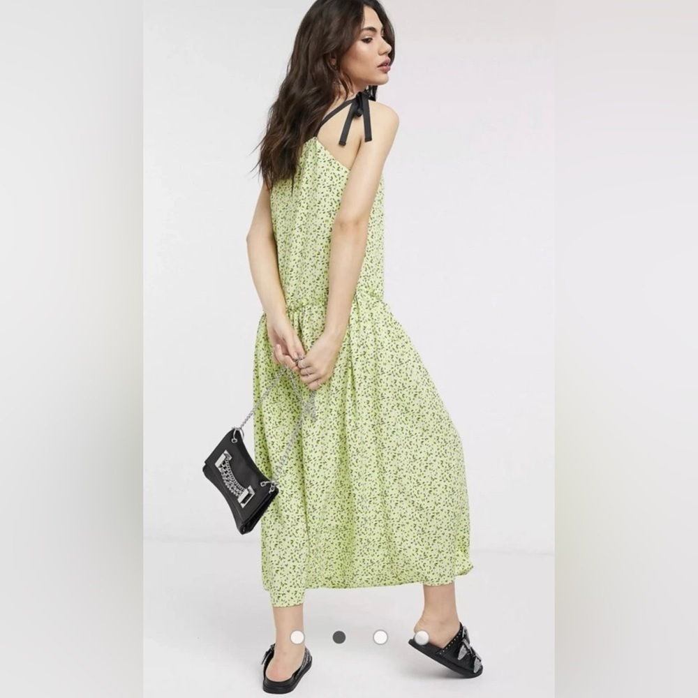 Topshop Women's Tie Strap Floral Ruffle Waist Midi Dress, Green NWOT